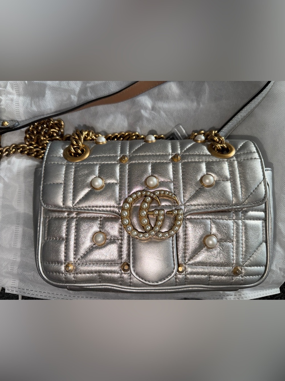 Gucci Marmont Metallic Silver Pearl-Embellished Shoulder Bag